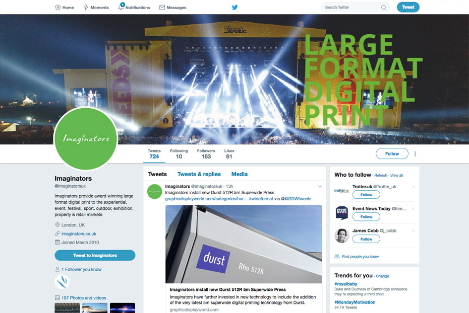 Social media suitably and consistently branded for Imaginators