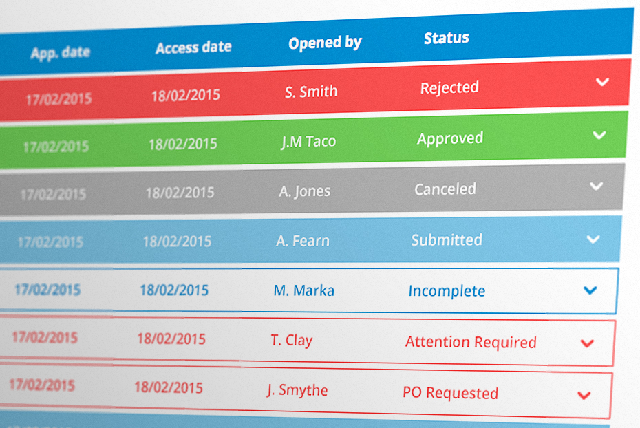 Permit Access request administration - colour coded status UI